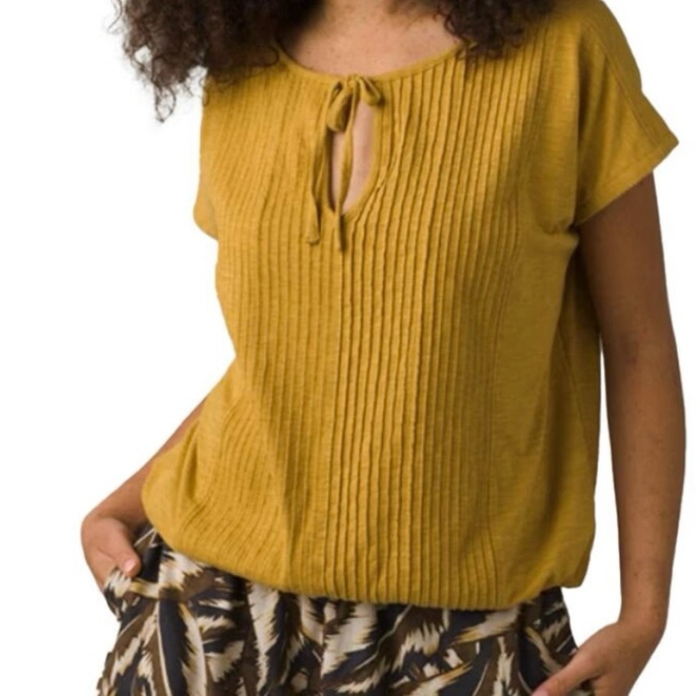 Prana Mustard Yellow Organic Cotton/ poly blend Tie Neck Casual Top. Size L.